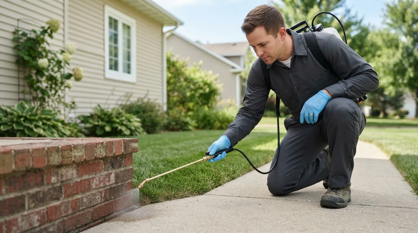 Pest control technician treating a home near Celina, OH