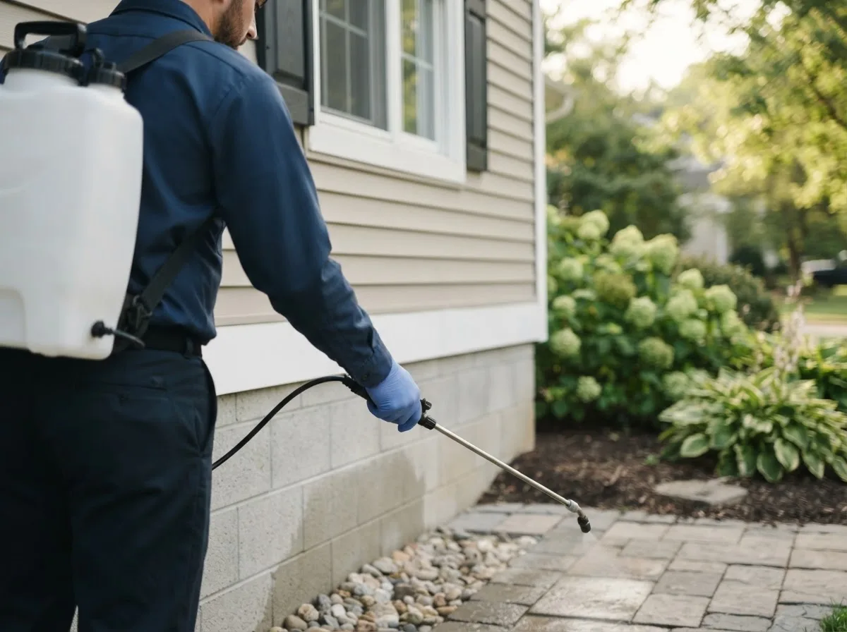 Pest control technician inspecting a home in Celina, OH